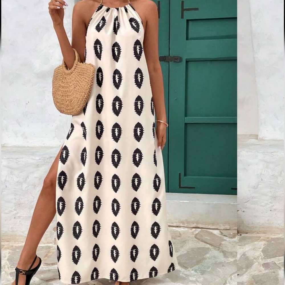 Women's Halterneck Tassel Rope Tie High Slit Backless Casual Holiday Dress